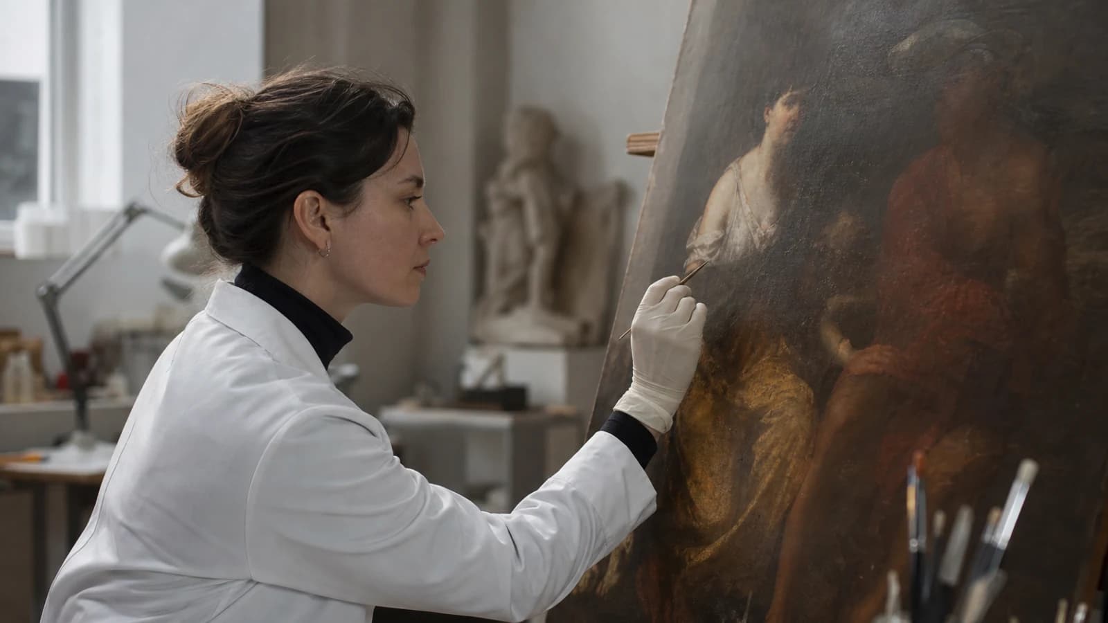 Conservator examining a classical oil painting for a condition report in a professional studio.