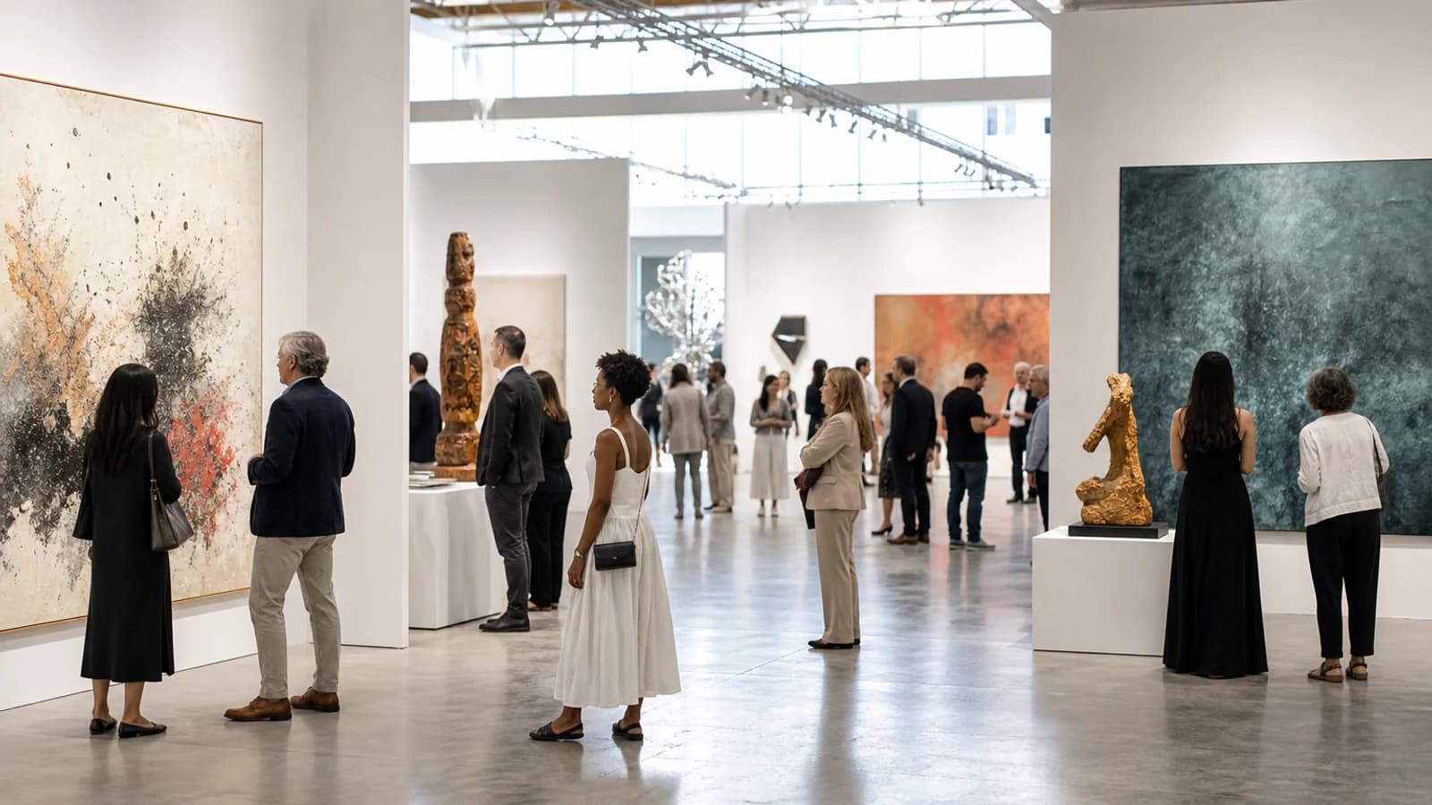 Visitors exploring a contemporary art fair, viewing diverse artworks in a bright, elegant setting.